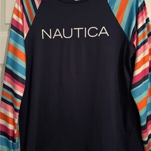 Nautica Women's Navy swimming Top with Multicolor Stripes